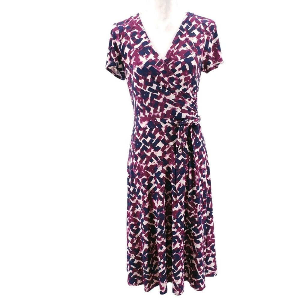 eliza j jersey dress | Dresses | Eliza J Faux Wrap Brushstroke Print Belted Purple Blue Euc Size 6 pair:elaria-thong-heels-with-hardware-martini-olive